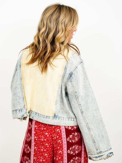 POL Acid Wash Long Sleeve Button Down Jacket with Corduroy Contrast