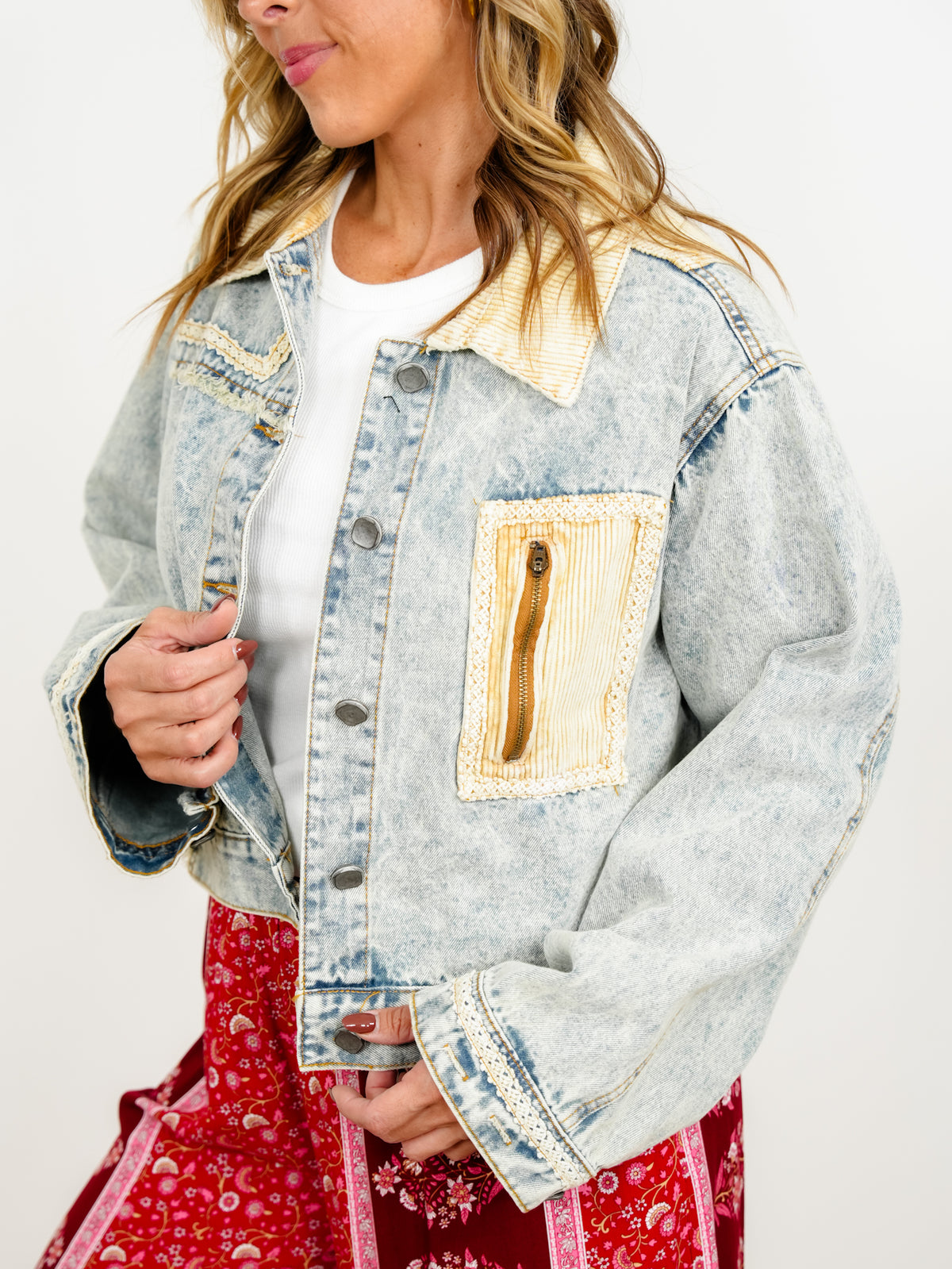 POL Acid Wash Long Sleeve Button Down Jacket with Corduroy Contrast
