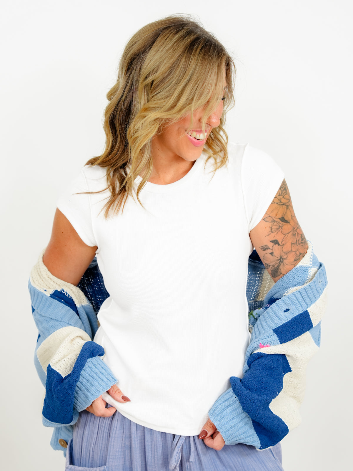 POL Ribbed Knit Short Sleeve Top with Reverse Seam Detail