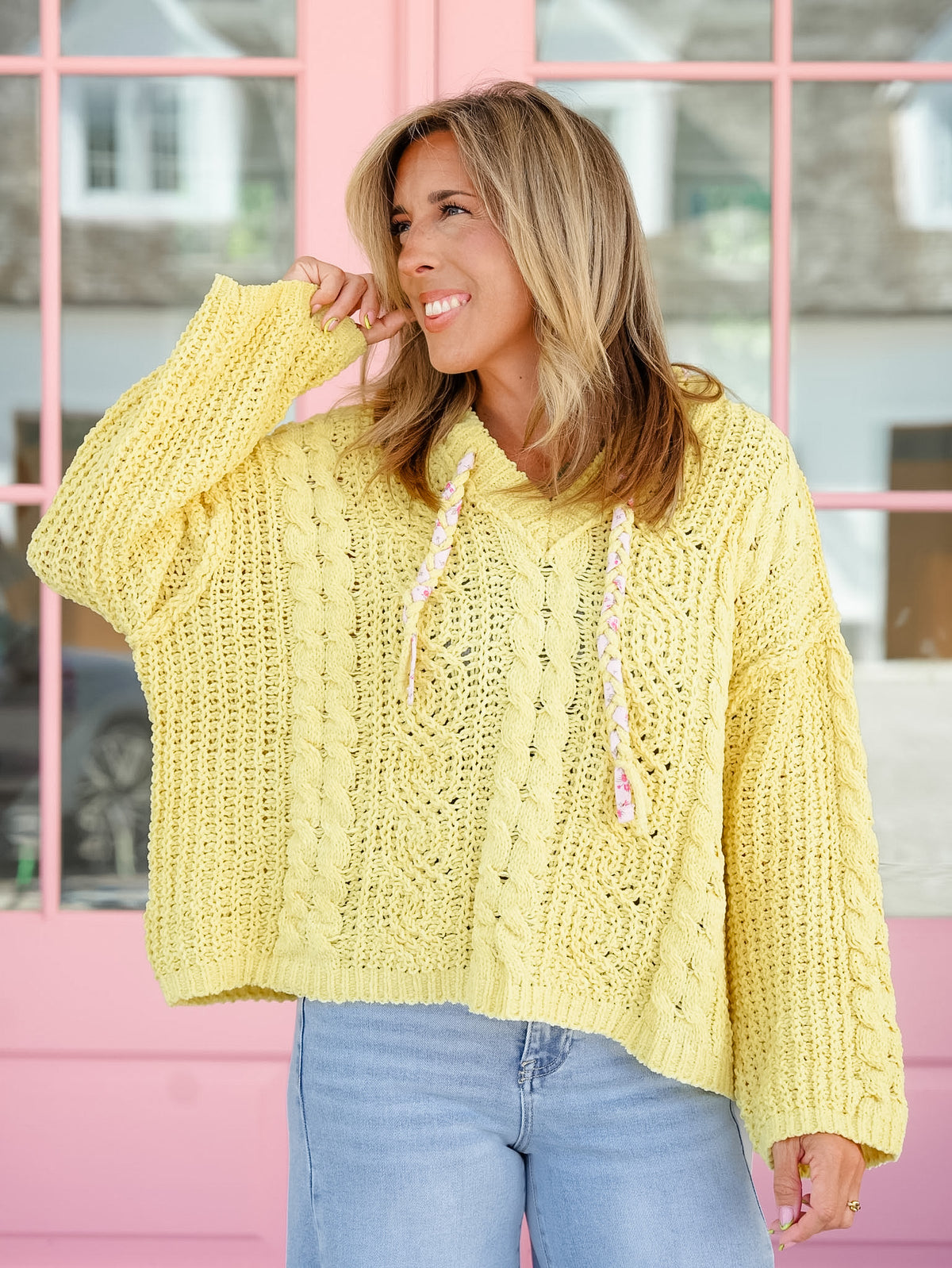 POL Long Sleeve V-Neck Hooded Sweater - Freckled Poppy