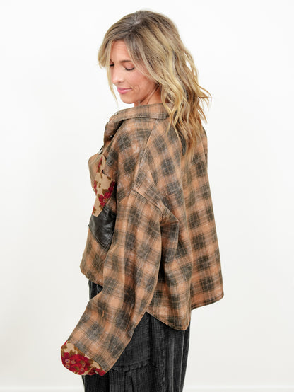 POL Plaid Long Sleeve Button Down Shacket with Floral Detail