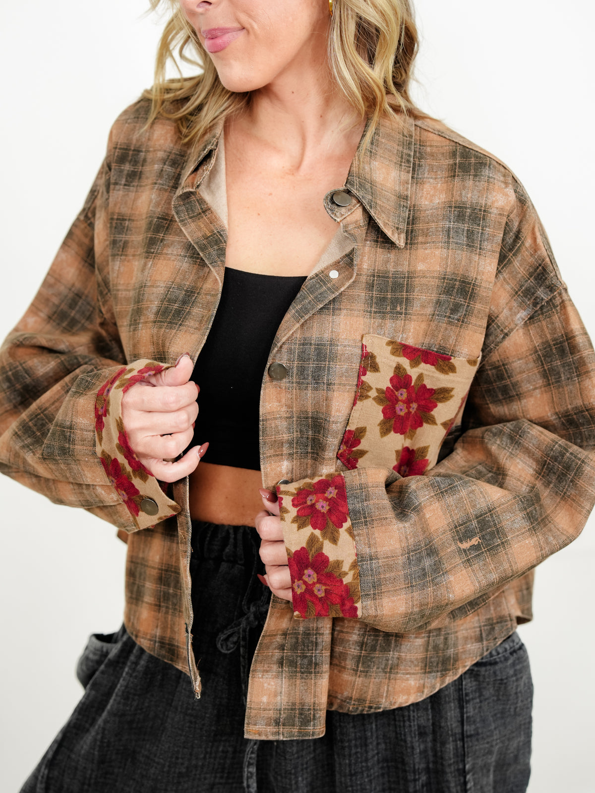 POL Plaid Long Sleeve Button Down Shacket with Floral Detail