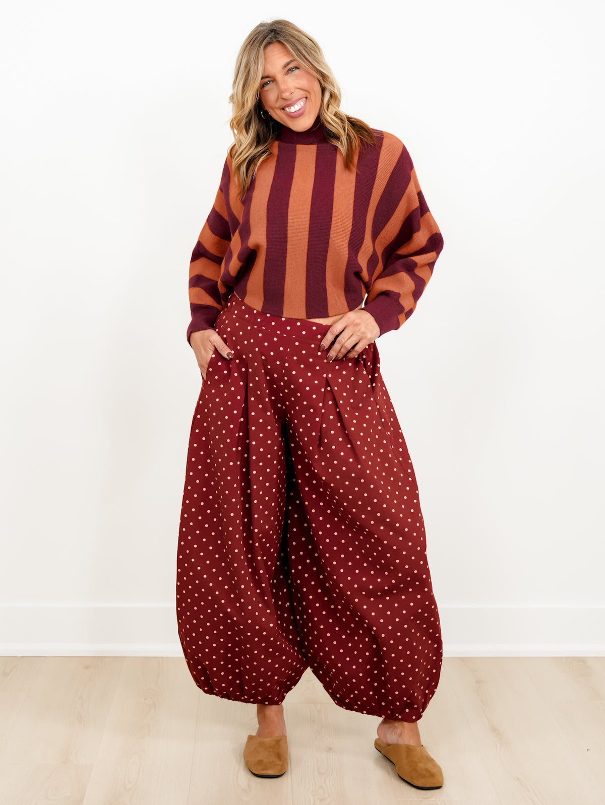 Plus/Reg Polka Dot High Waist Balloon Leg Pants - Freckled Poppy