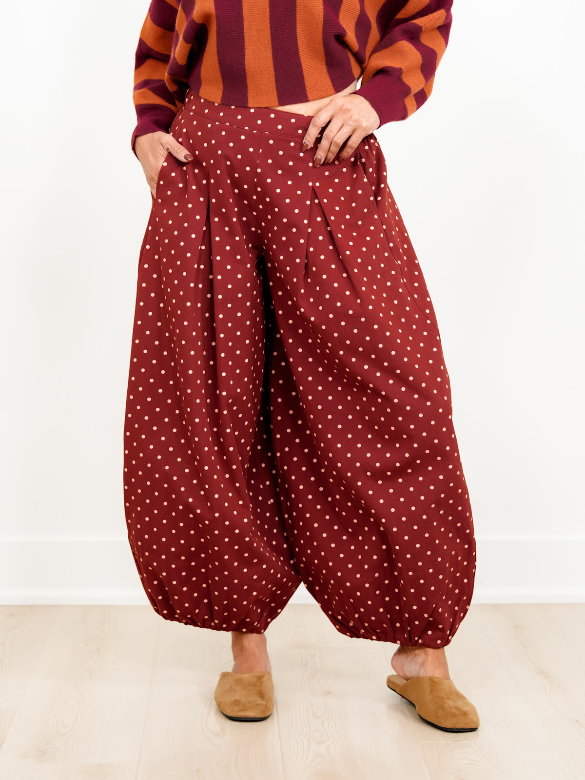 Plus/Reg Polka Dot High Waist Balloon Leg Pants - Freckled Poppy