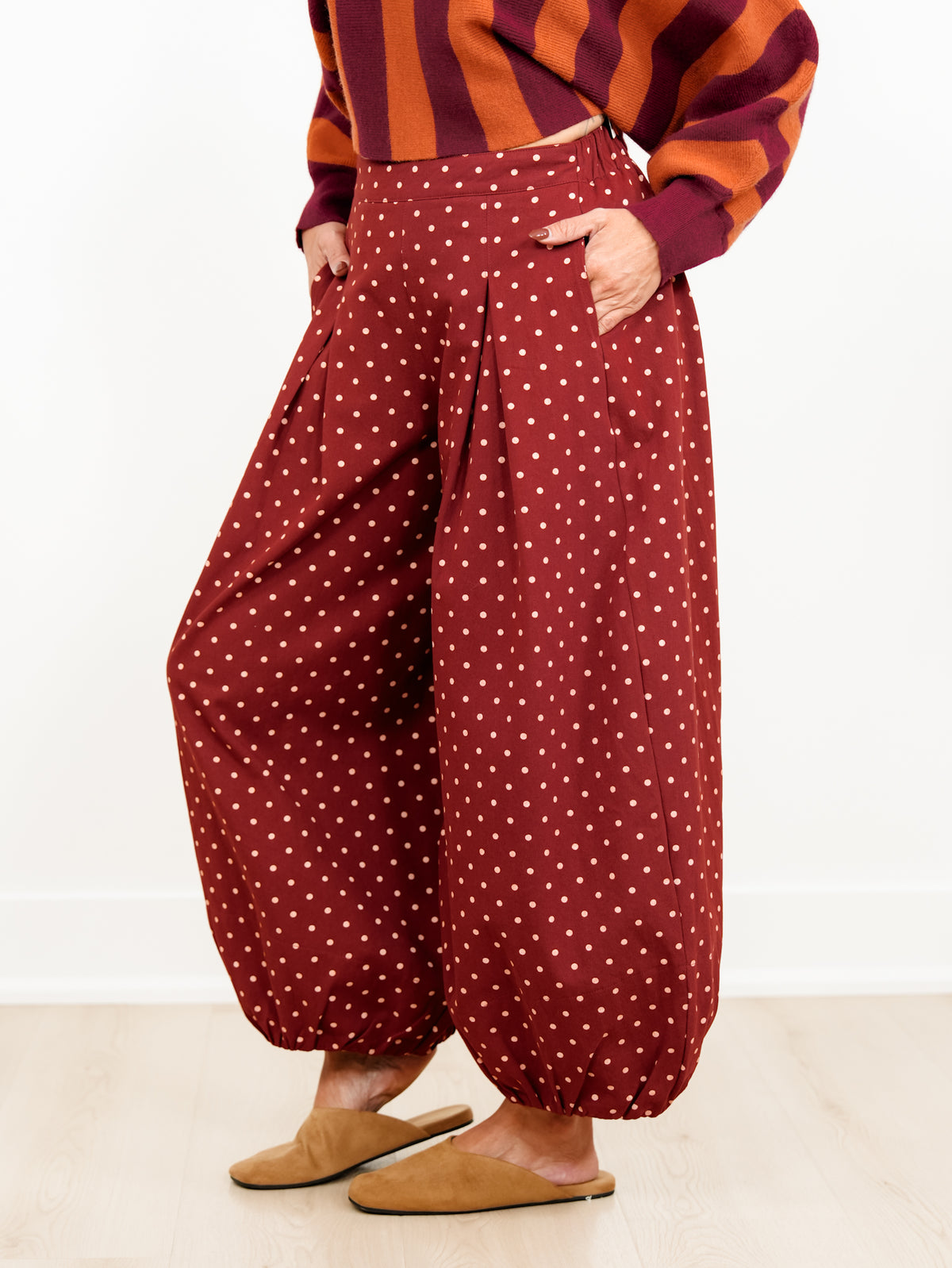 Plus/Reg Polka Dot High Waist Balloon Leg Pants - Freckled Poppy