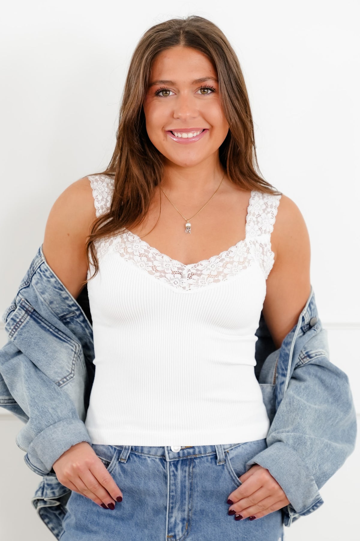 Ribbed Knit Tank Top with Lace - Freckled Poppy