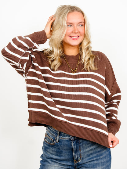 Door Buster! Zenana Exposed Seam Striped Oversized Sweater - Freckled Poppy