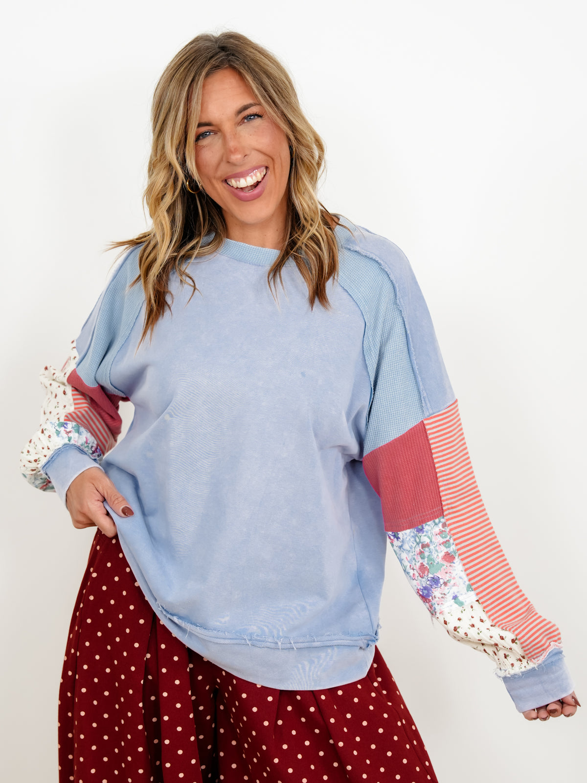 Plus/Reg Mixed Fabric Raglan Sleeve Sweatshirt