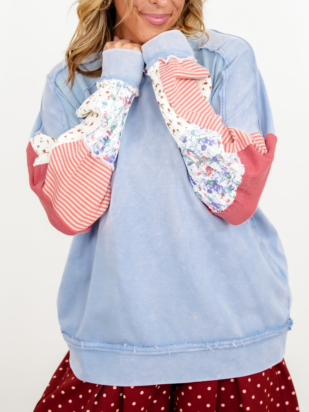 Plus/Reg Mixed Fabric Raglan Sleeve Sweatshirt