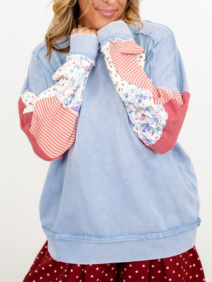 Plus/Reg Mixed Fabric Raglan Sleeve Sweatshirt - Freckled Poppy