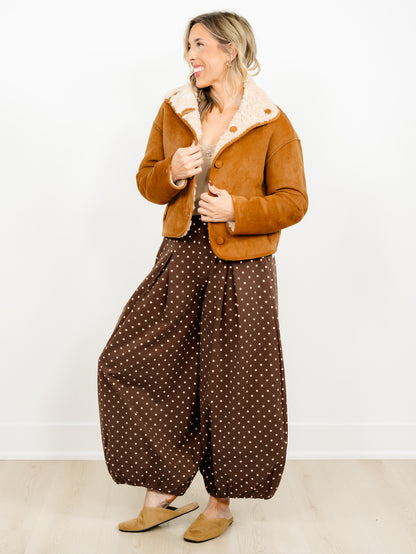 Vegan Suede/Sherpa Reversible Long Sleeve Button Down Jacket - Freckled Poppy