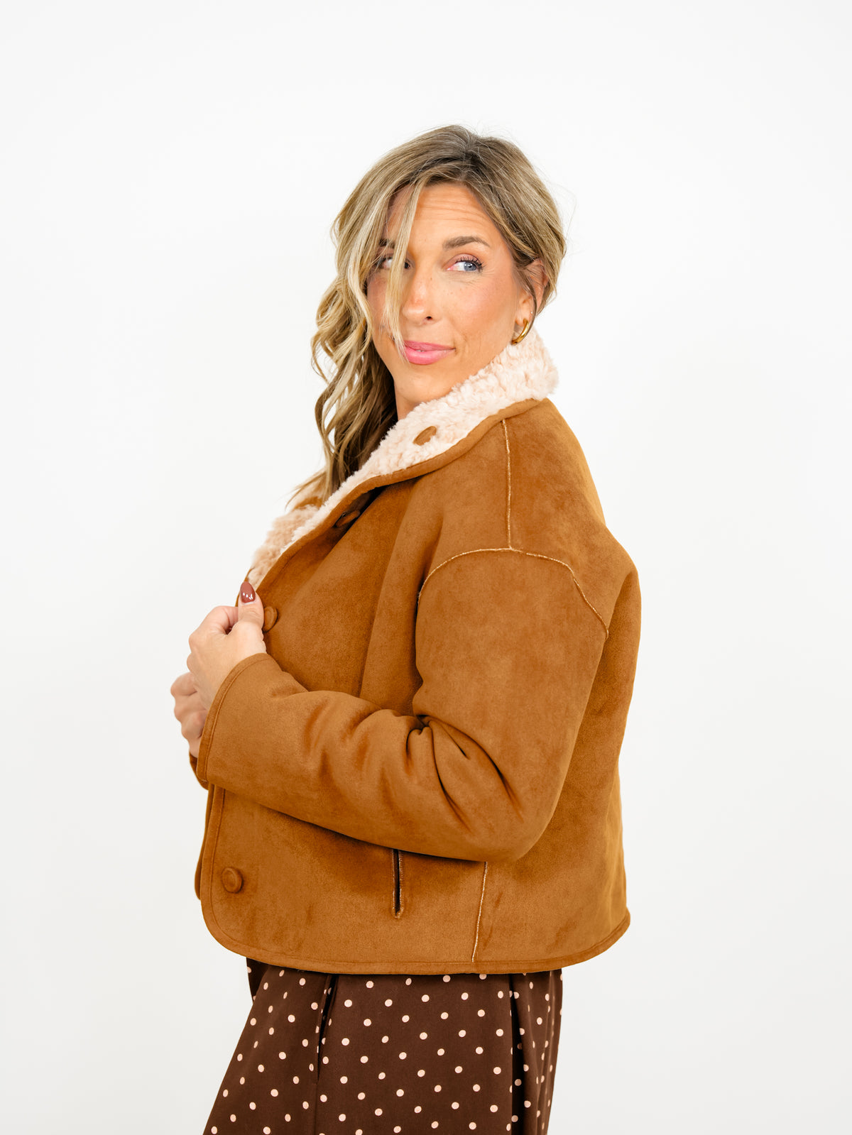 Vegan Suede/Sherpa Reversible Long Sleeve Button Down Jacket - Freckled Poppy
