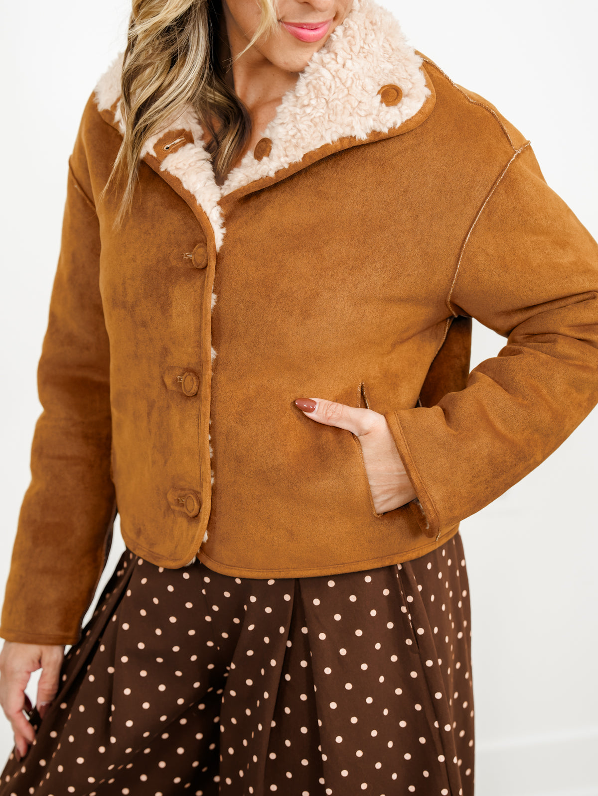 Vegan Suede/Sherpa Reversible Long Sleeve Button Down Jacket - Freckled Poppy