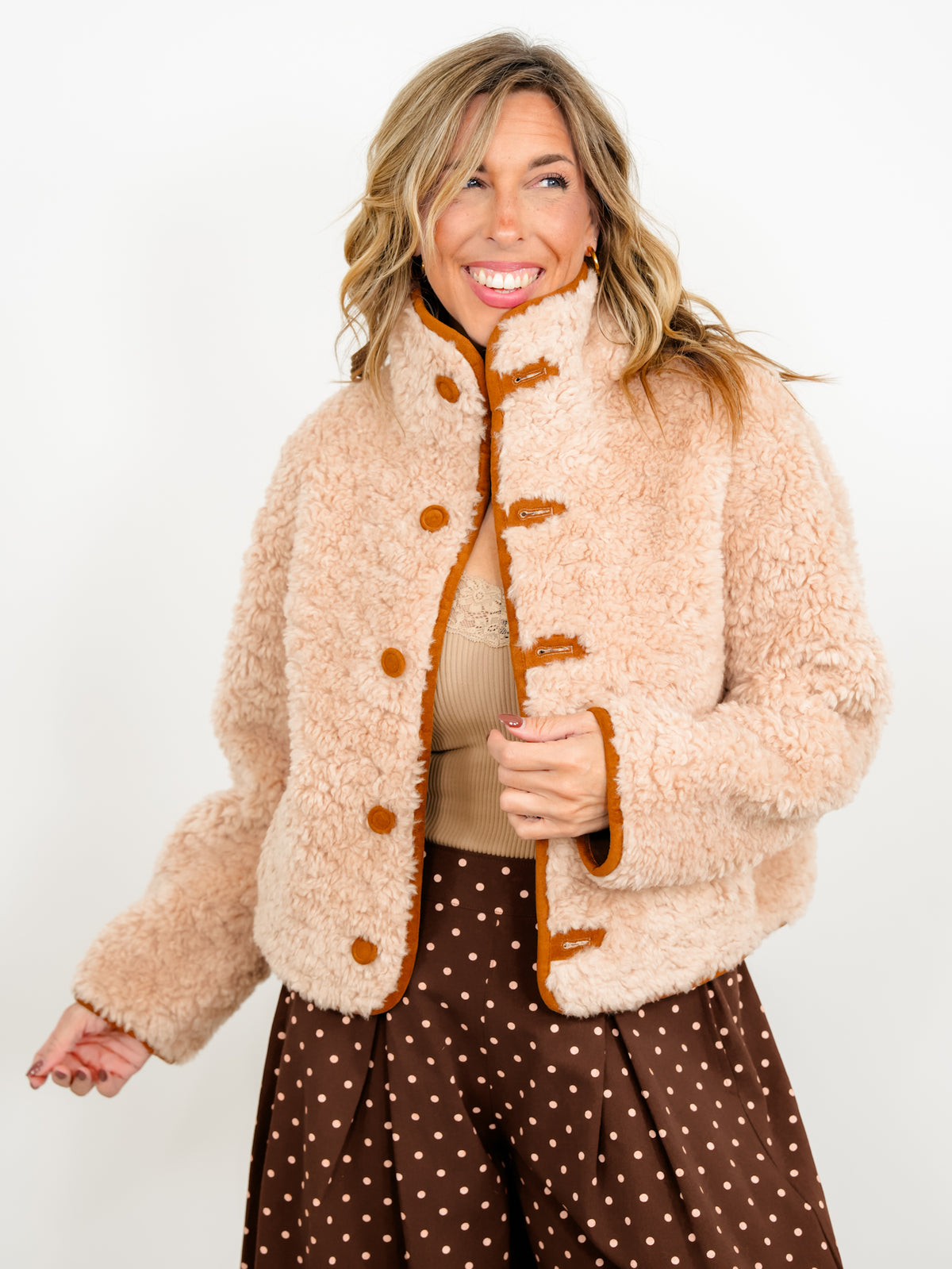 Vegan Suede/Sherpa Reversible Long Sleeve Button Down Jacket - Freckled Poppy