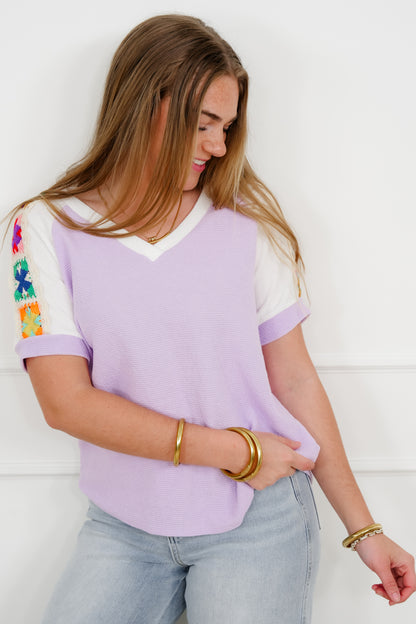 Waffle Knit Short Sleeve V Neck Top with Crocheted Detail - Freckled Poppy