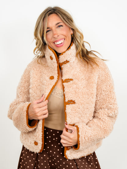 Vegan Suede/Sherpa Reversible Long Sleeve Button Down Jacket - Freckled Poppy
