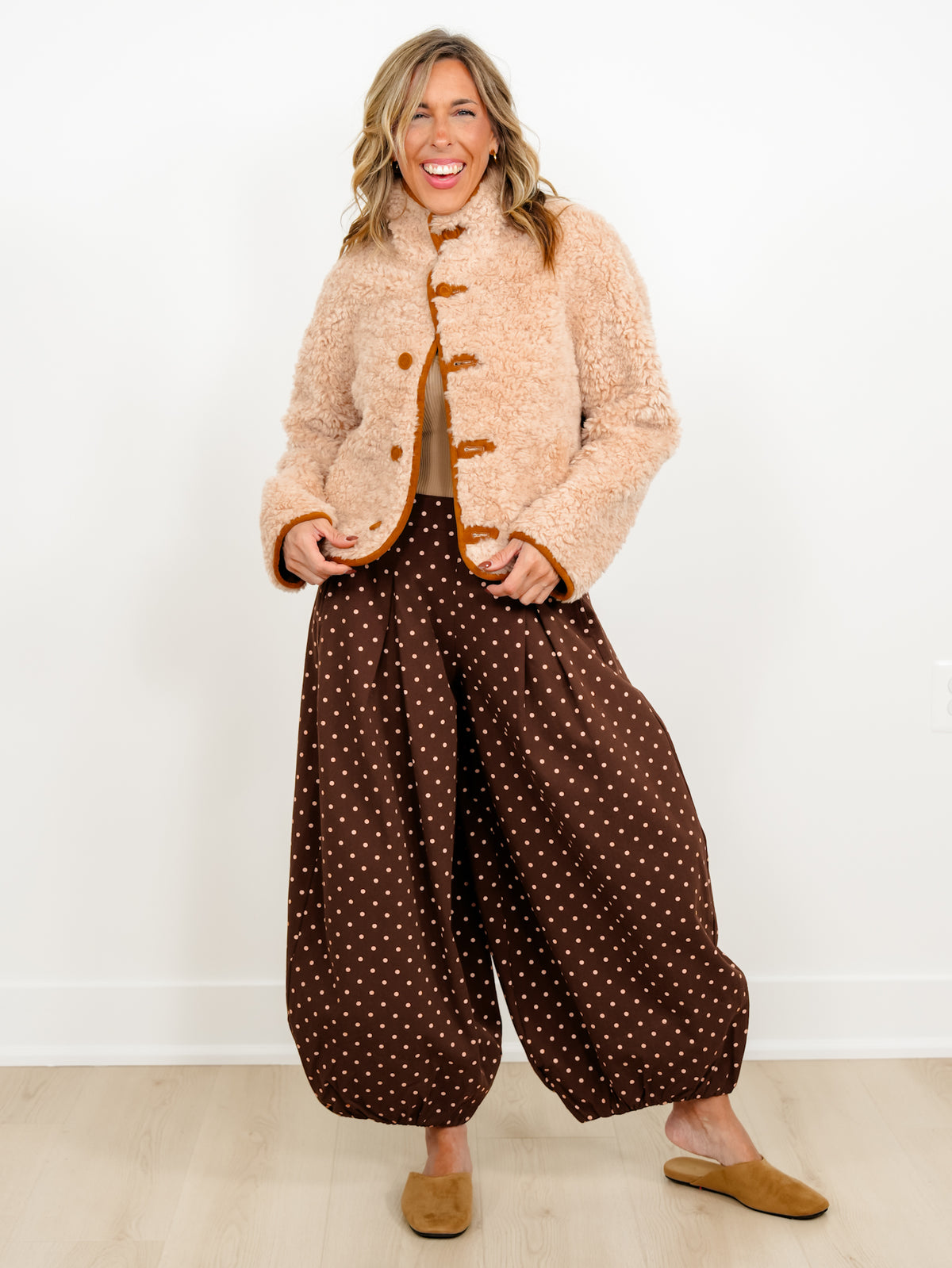 Plus/Reg Polka Dot High Waist Balloon Leg Pants - Freckled Poppy
