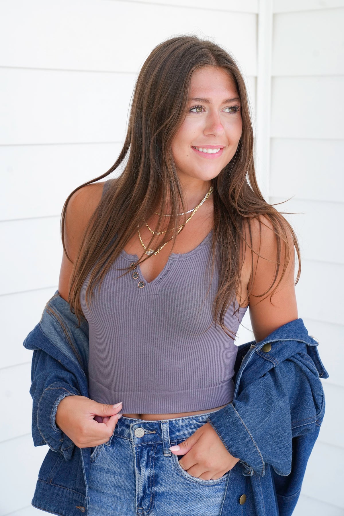 Seamless Square Neck Wide Shoulder Button Down Crop Tank
