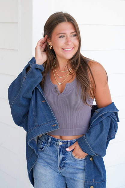 Seamless Square Neck Wide Shoulder Button Down Crop Tank