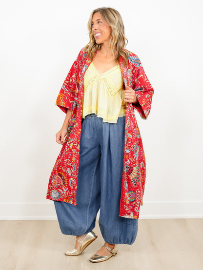 POL Quilted Paisley Short Sleeve Kimono Robe