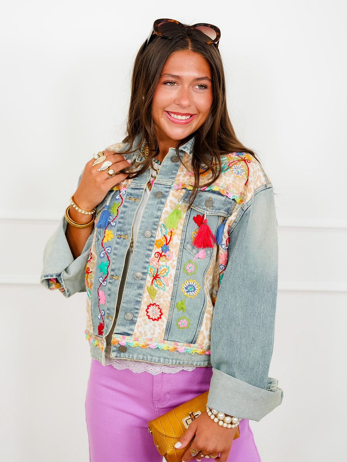 POL Embroidered Long Sleeve Button Up Jacket with Tassels - Freckled Poppy