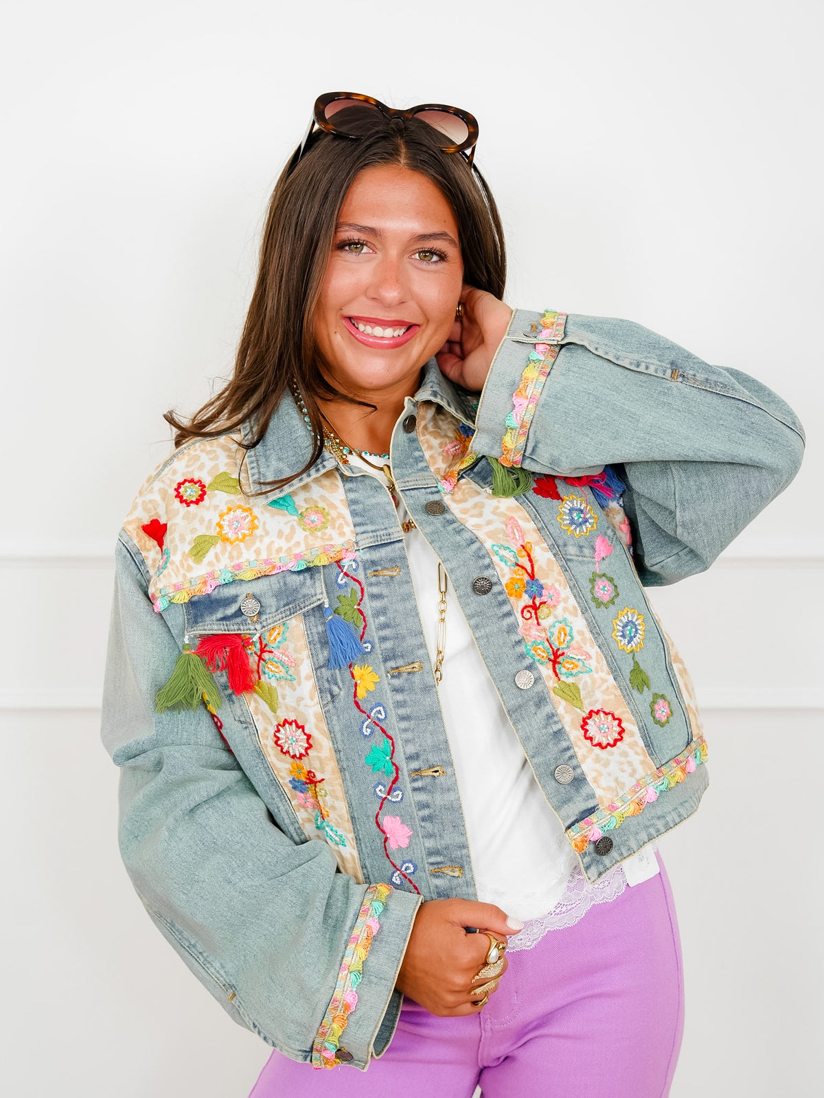POL Embroidered Long Sleeve Button Up Jacket with Tassels - Freckled Poppy