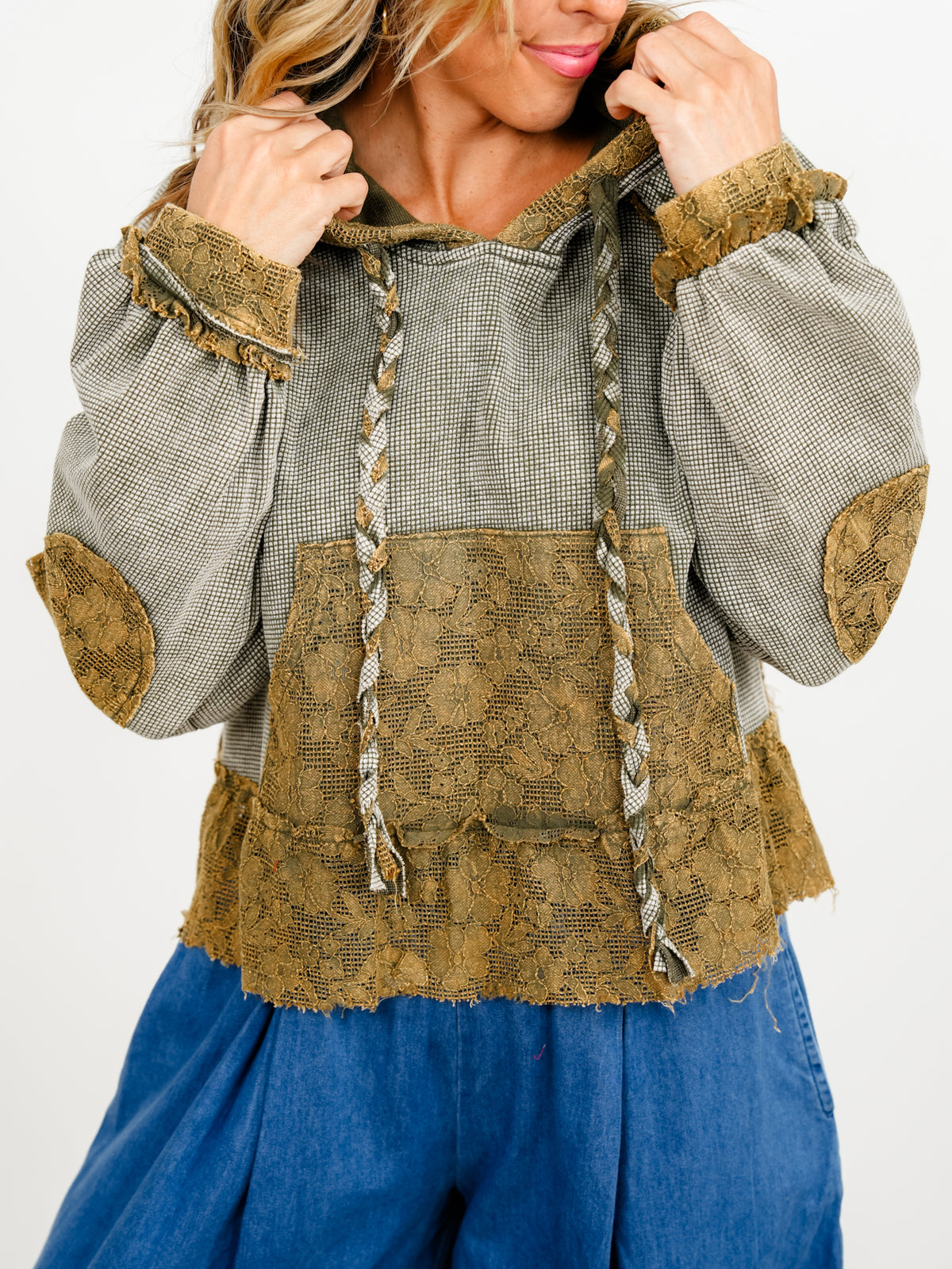 POL Thermal Long Sleeve Hooded Top with Lace Trim