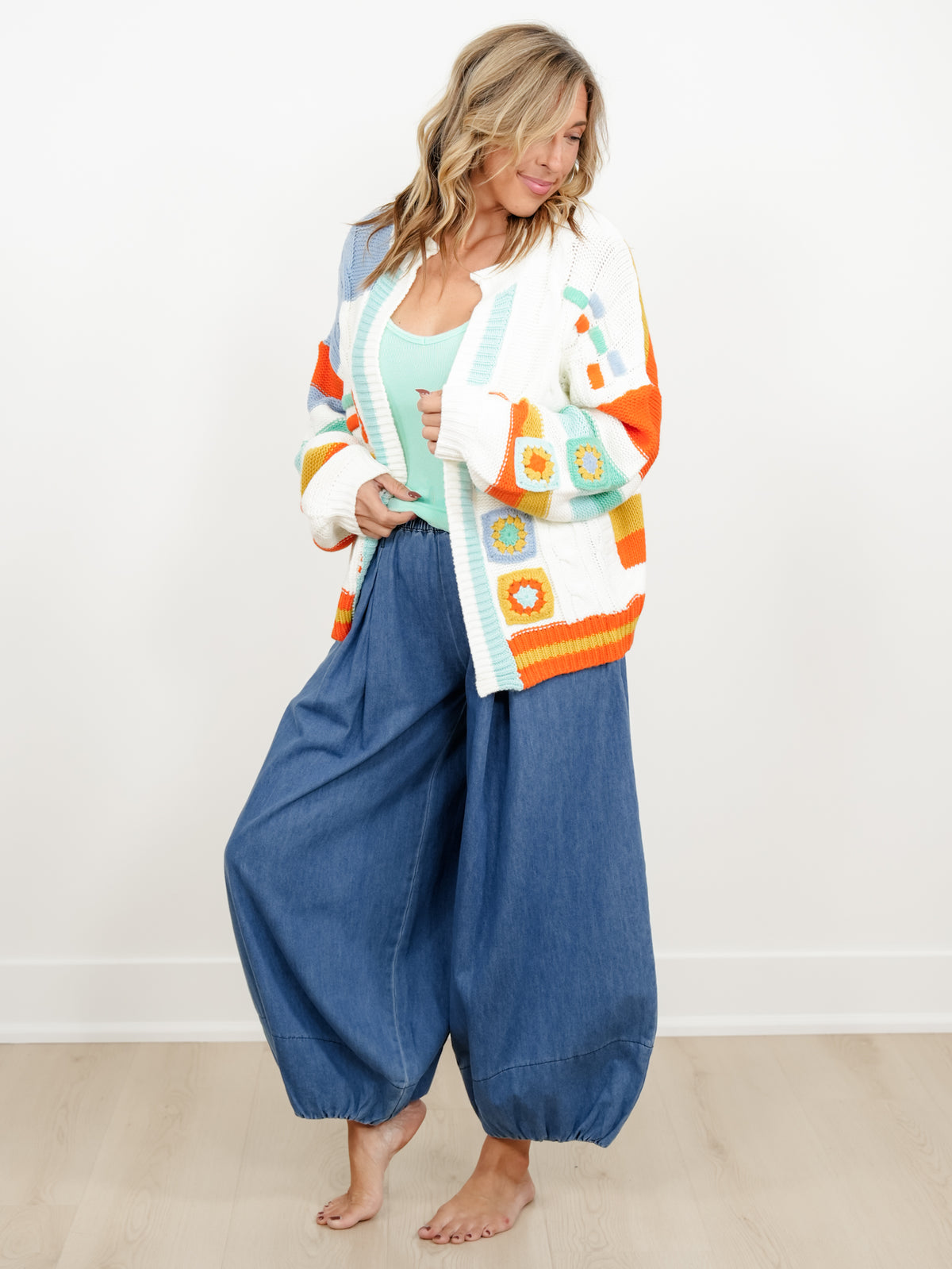 Plus/Reg Stripe and Crochet Granny Square Sweater Cardigan - Freckled Poppy