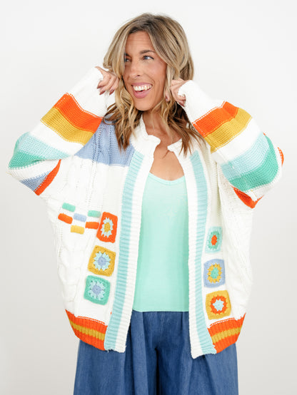 Plus/Reg Stripe and Crochet Granny Square Sweater Cardigan - Freckled Poppy