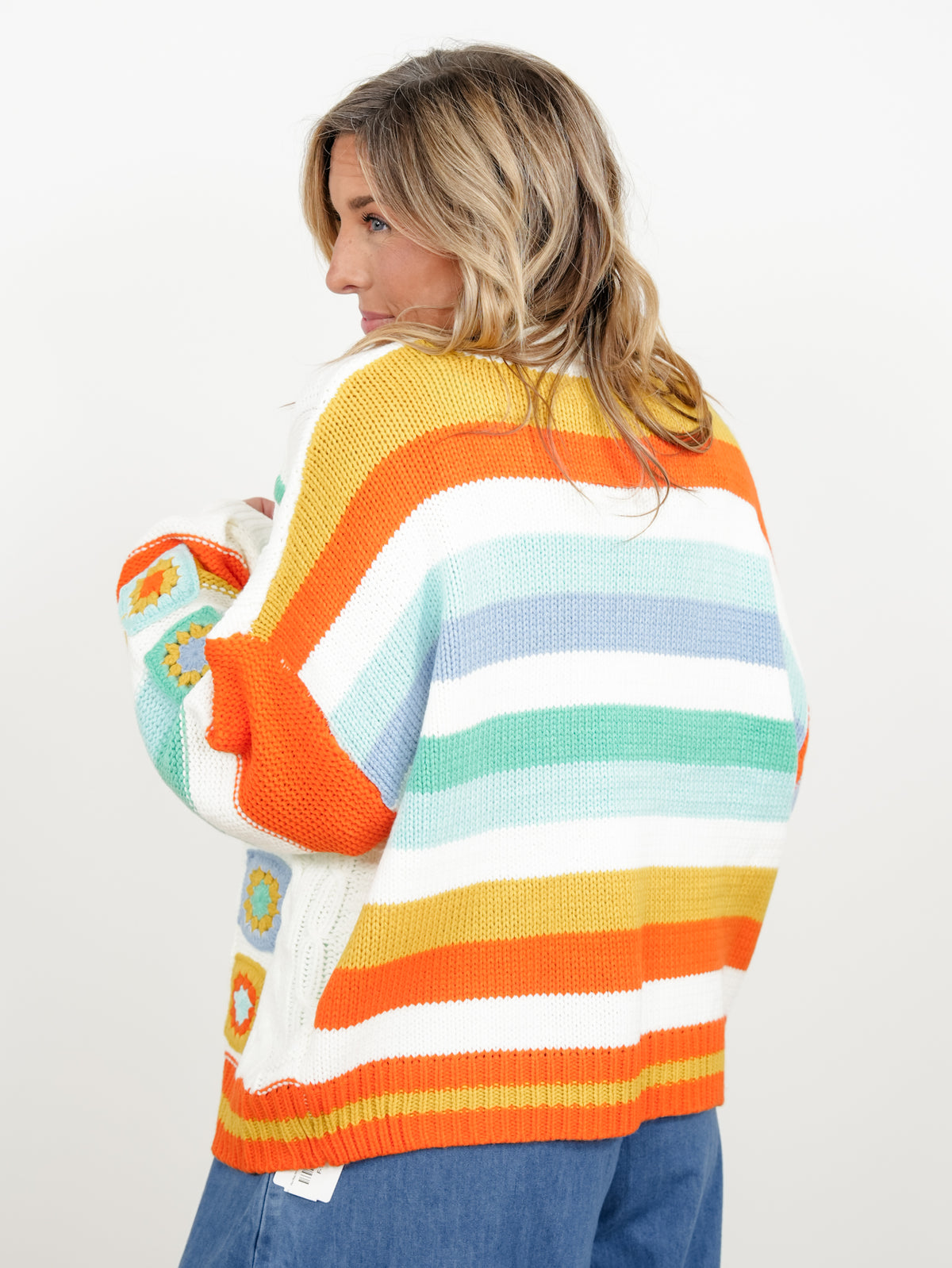 Plus/Reg Stripe and Crochet Granny Square Sweater Cardigan - Freckled Poppy