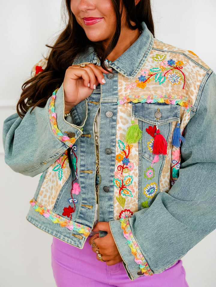 POL Embroidered Long Sleeve Button Up Jacket with Tassels - Freckled Poppy