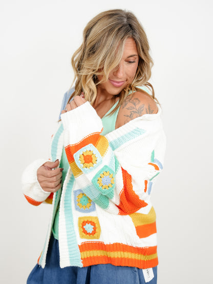 Plus/Reg Stripe and Crochet Granny Square Sweater Cardigan - Freckled Poppy
