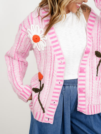 POL Cable Knit Long Sleeve Button Down Cardigan with Crochet Floral Detail