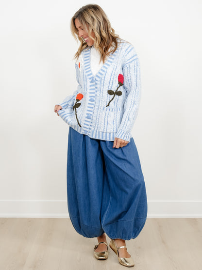 POL Cable Knit Long Sleeve Button Down Cardigan with Crochet Floral Detail
