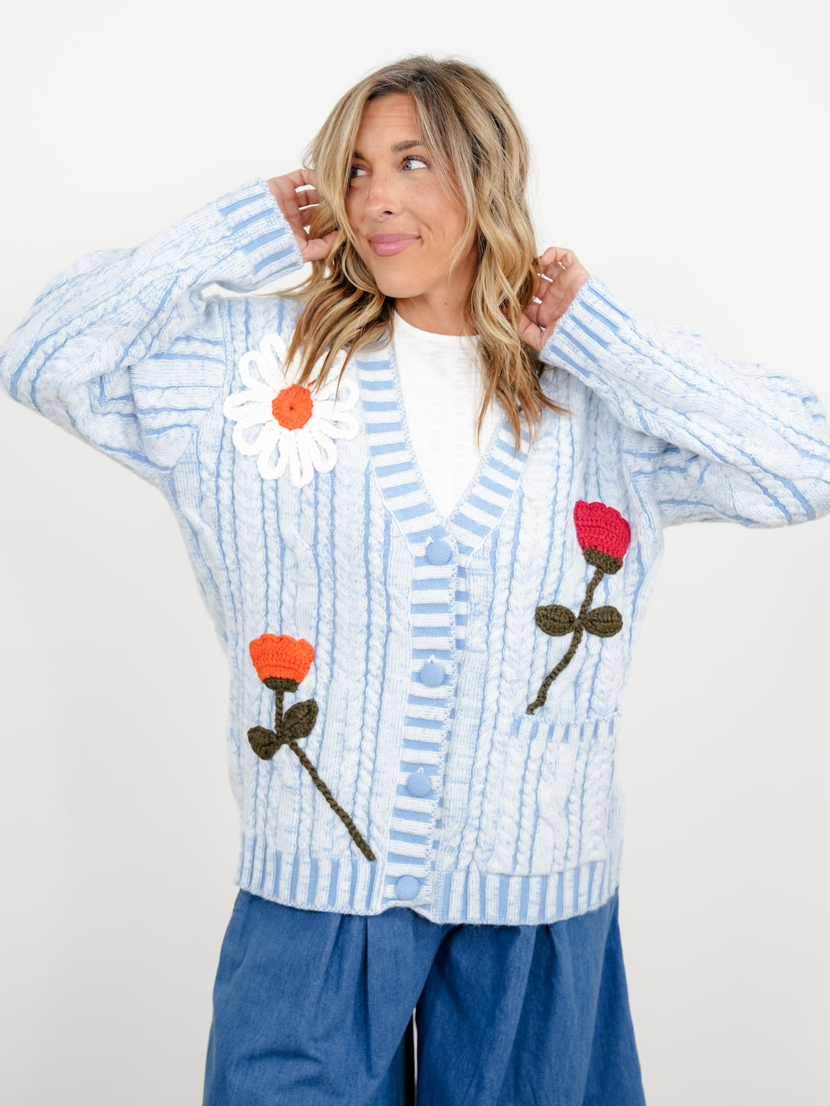 POL Cable Knit Long Sleeve Button Down Cardigan with Crochet Floral Detail
