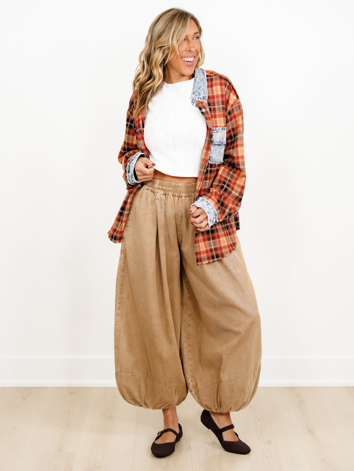 POL Plaid long Sleeve Button Down Top with Contrast Trim