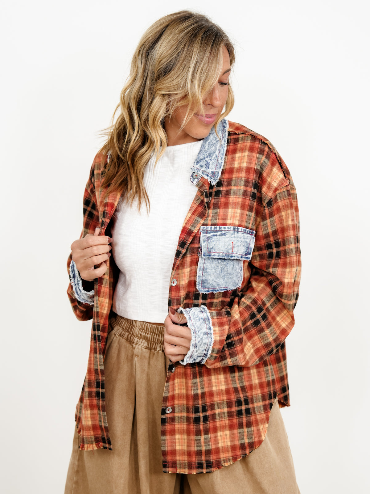 POL Plaid long Sleeve Button Down Top with Contrast Trim