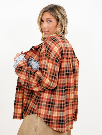POL Plaid long Sleeve Button Down Top with Contrast Trim