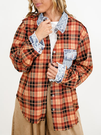 POL Plaid long Sleeve Button Down Top with Contrast Trim