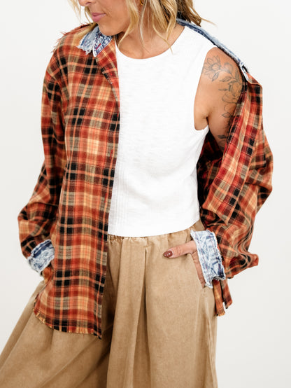 POL Plaid long Sleeve Button Down Top with Contrast Trim