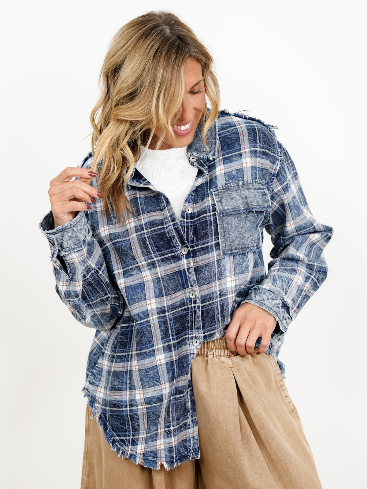 POL Plaid long Sleeve Button Down Top with Contrast Trim