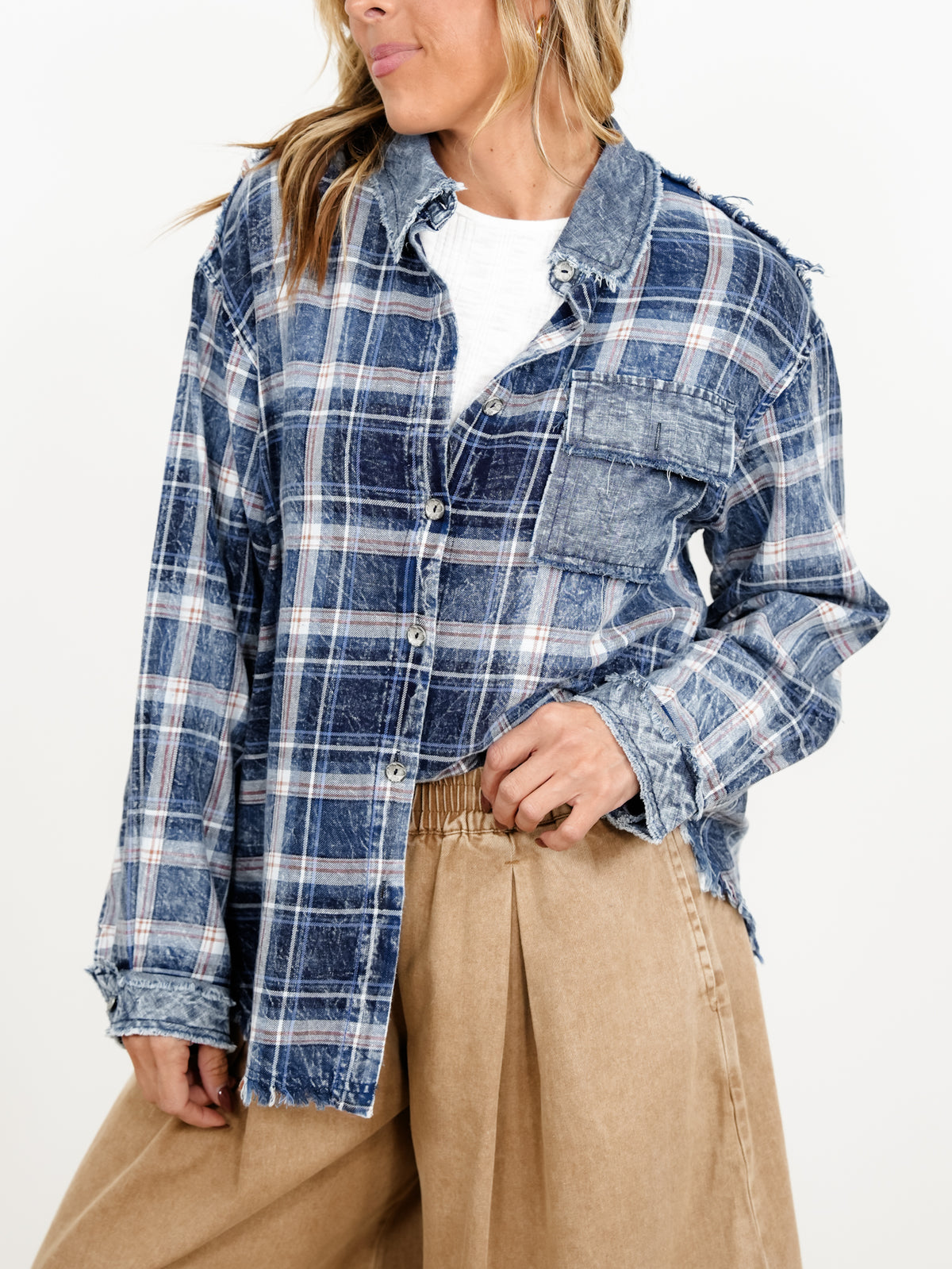 POL Plaid long Sleeve Button Down Top with Contrast Trim