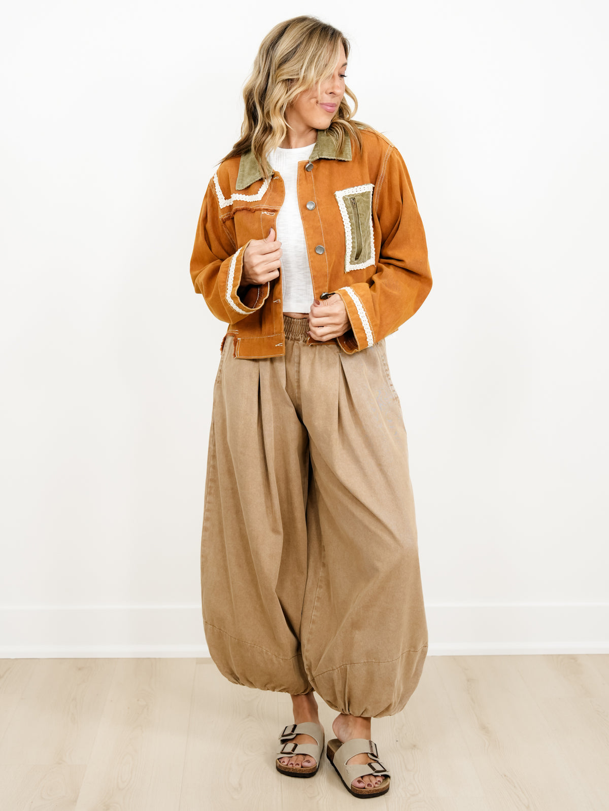 POL Long Sleeve Button Down Jacket with Corduroy Contrast