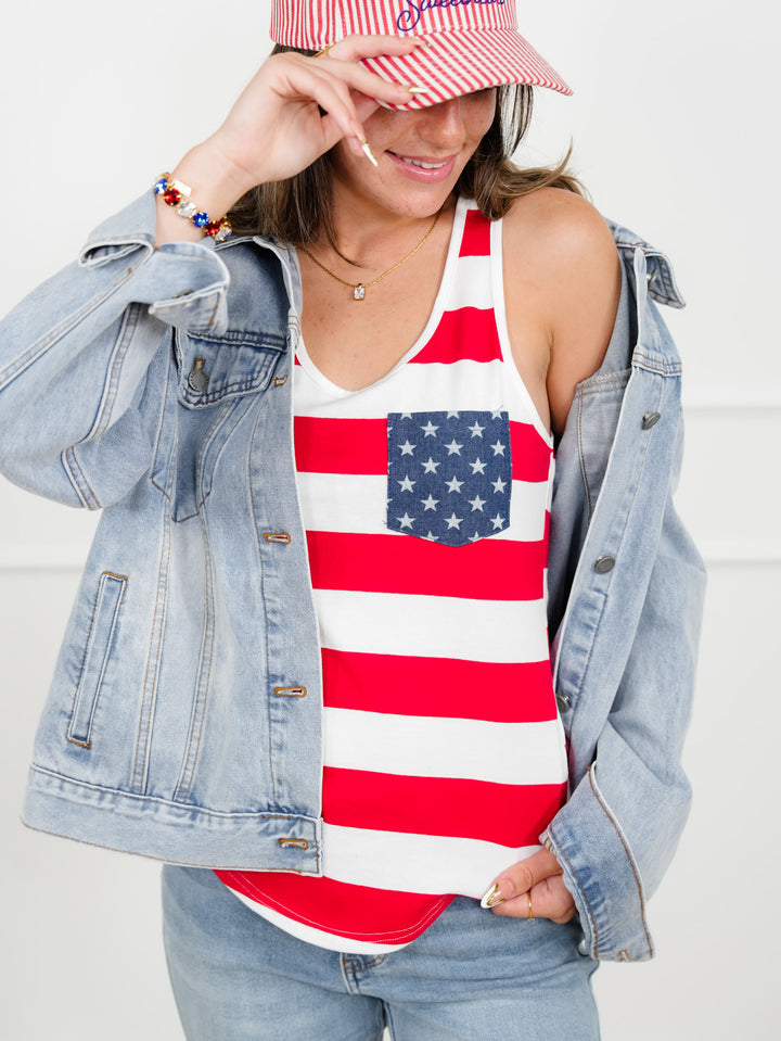 Stripe Tank Top With Stars Patch Pocket - Freckled Poppy