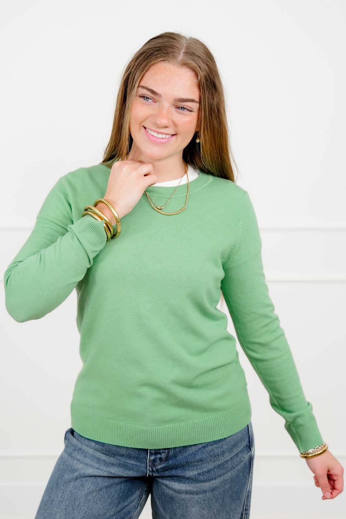 Solid Long Sleeve Crew Neck Pullover Sweater - Freckled Poppy