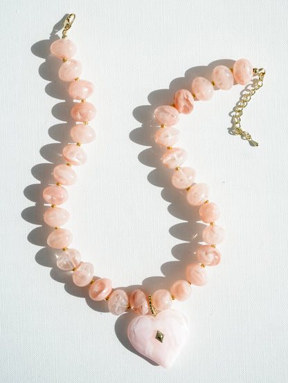 Chunky Blush Statement Necklace with Heart Pendant
