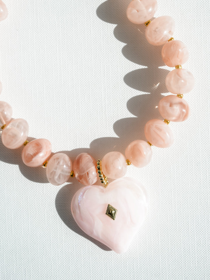 Chunky Blush Statement Necklace with Heart Pendant - Freckled Poppy