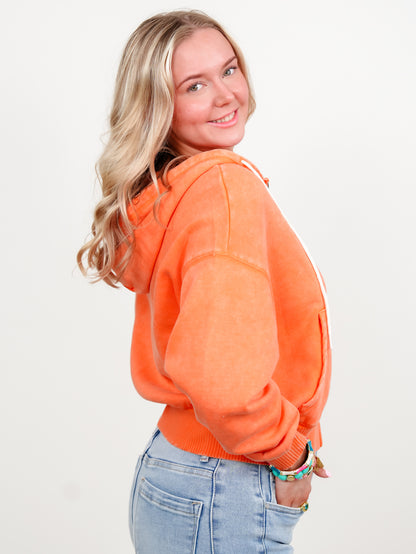 Door Buster! Zenana Acid Wash Fleece Cropped Zip Up Hoodie - Freckled Poppy