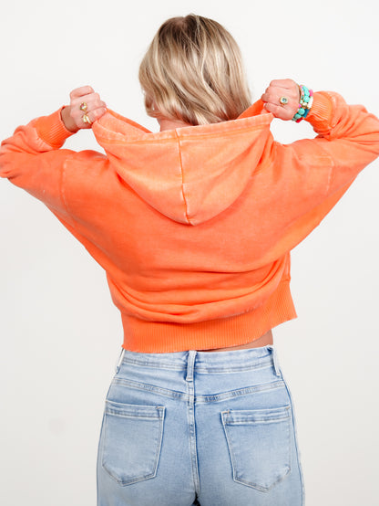 Door Buster! Zenana Acid Wash Fleece Cropped Zip Up Hoodie - Freckled Poppy
