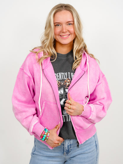 Door Buster! Zenana Acid Wash Fleece Cropped Zip Up Hoodie - Freckled Poppy